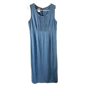 Vintage Coldwater Creek Denim Sleeveless Dress Size S Embroidered Cottagecore